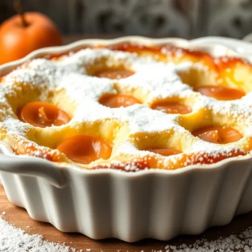 Golden baked apricot clafoutis in ceramic dish, dusted with powdered sugar, fresh apricots visible, rustic kitchen background