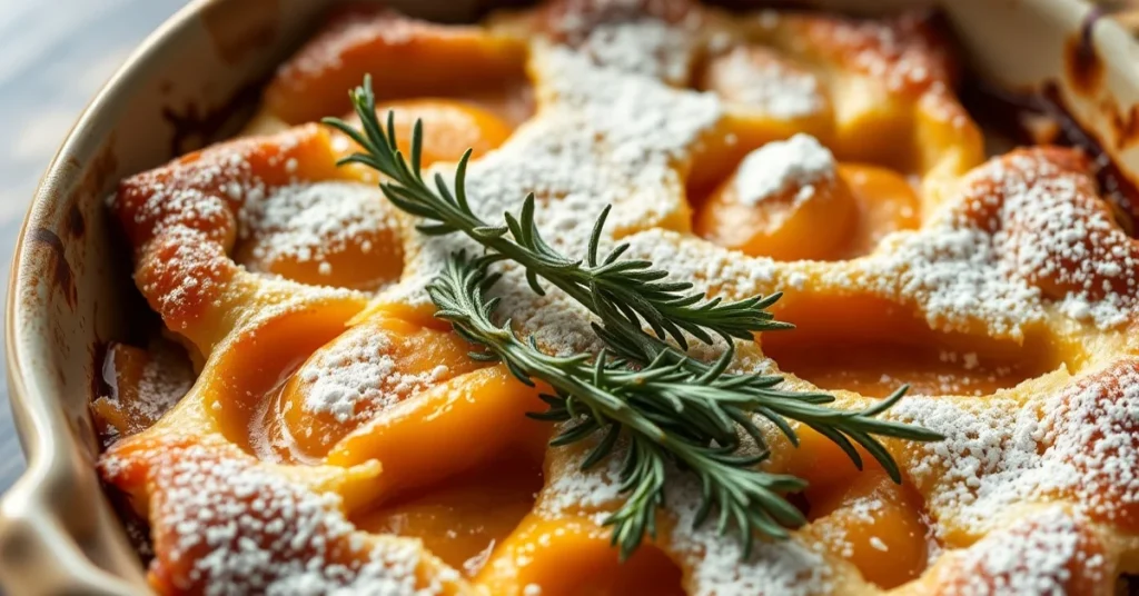 Golden baked apricot clafoutis with fresh rosemary sprigs and powdered sugar dusting, rustic French dessert in ceramic baking