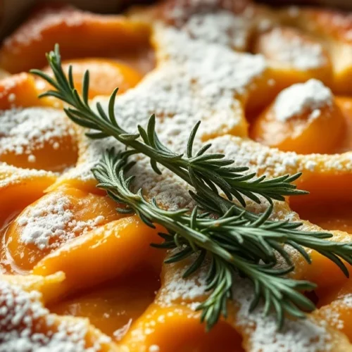 Golden baked apricot clafoutis with fresh rosemary sprigs and powdered sugar dusting, rustic French dessert in ceramic baking