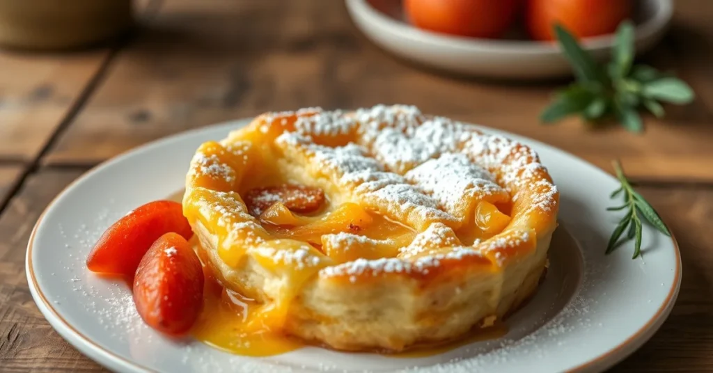 Golden baked apricot clafoutis with powdered sugar, traditional French custard dessert with preserved apricots, rustic plated