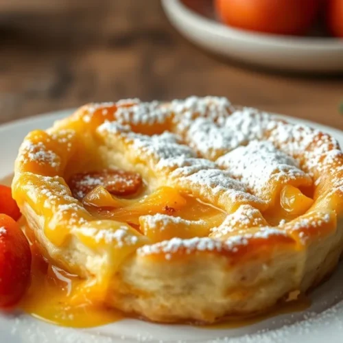 Golden baked apricot clafoutis with powdered sugar, traditional French custard dessert with preserved apricots, rustic plated