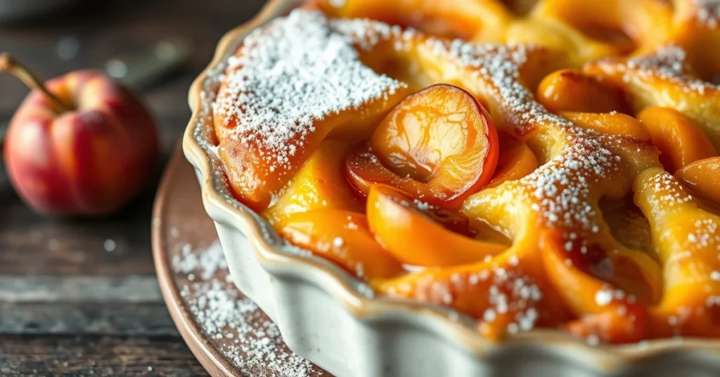 Golden baked apricot clafoutis with tender fruit, fresh vanilla aroma, light dusting powdered sugar, rustic ceramic dish, war