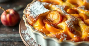 Golden baked apricot clafoutis with tender fruit, fresh vanilla aroma, light dusting powdered sugar, rustic ceramic dish, war