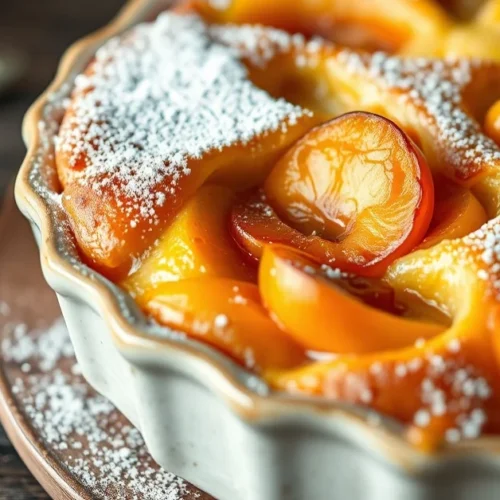 Golden baked apricot clafoutis with tender fruit, fresh vanilla aroma, light dusting powdered sugar, rustic ceramic dish, war