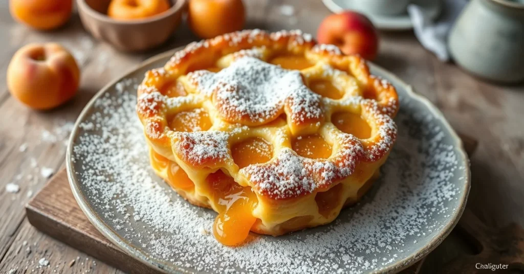 Golden baked apricot nougat clafoutis with caramelized top, fresh apricots visible, dusted with powdered sugar, rustic French