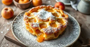 Golden baked apricot nougat clafoutis with caramelized top, fresh apricots visible, dusted with powdered sugar, rustic French