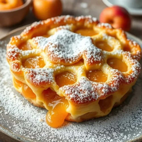 Golden baked apricot nougat clafoutis with caramelized top, fresh apricots visible, dusted with powdered sugar, rustic French