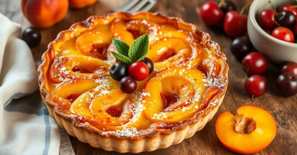Golden baked clafoutis with fresh apricots and cherries, rustic French dessert on wooden table, warm natural lighting, appeti