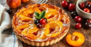 Golden baked clafoutis with fresh apricots and cherries, rustic French dessert on wooden table, warm natural lighting, appeti