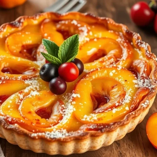 Golden baked clafoutis with fresh apricots and cherries, rustic French dessert on wooden table, warm natural lighting, appeti