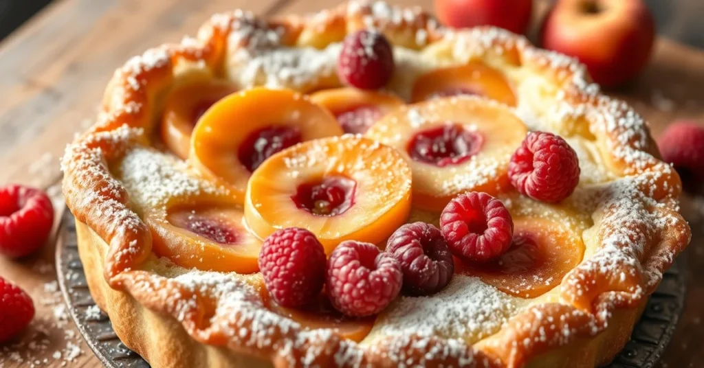 Golden baked clafoutis with fresh apricots and raspberries, powdered sugar dusting, rustic French dessert photography, warm b