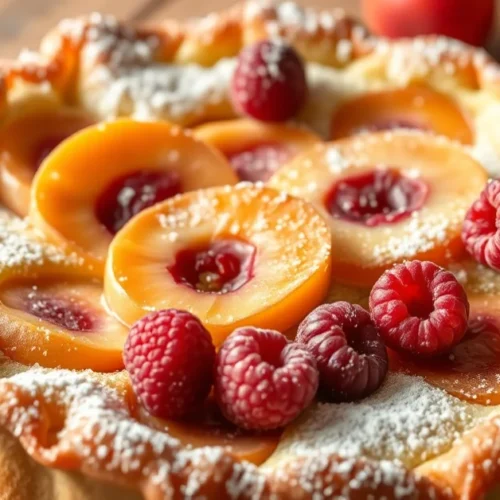 Golden baked clafoutis with fresh apricots and raspberries, powdered sugar dusting, rustic French dessert photography, warm b