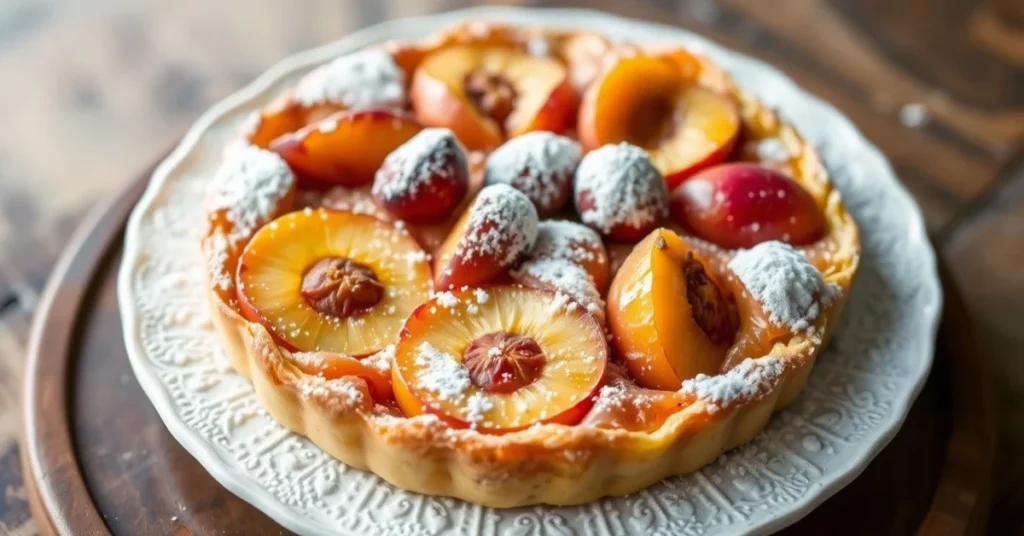 Golden baked clafoutis with fresh nectarines and apricots, powdered sugar dusted on top, rustic French dessert, summer fruit