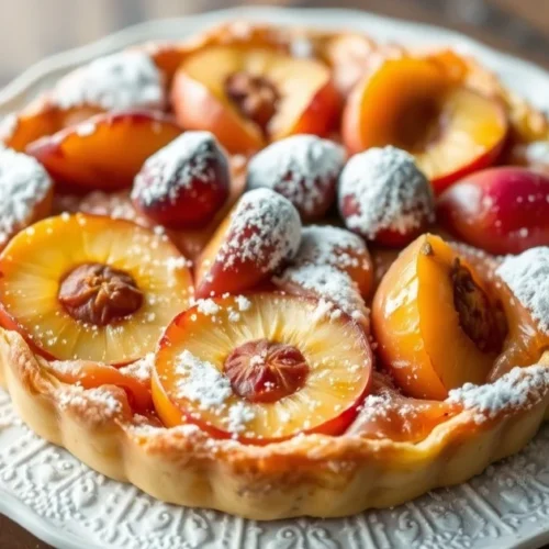 Golden baked clafoutis with fresh nectarines and apricots, powdered sugar dusted on top, rustic French dessert, summer fruit