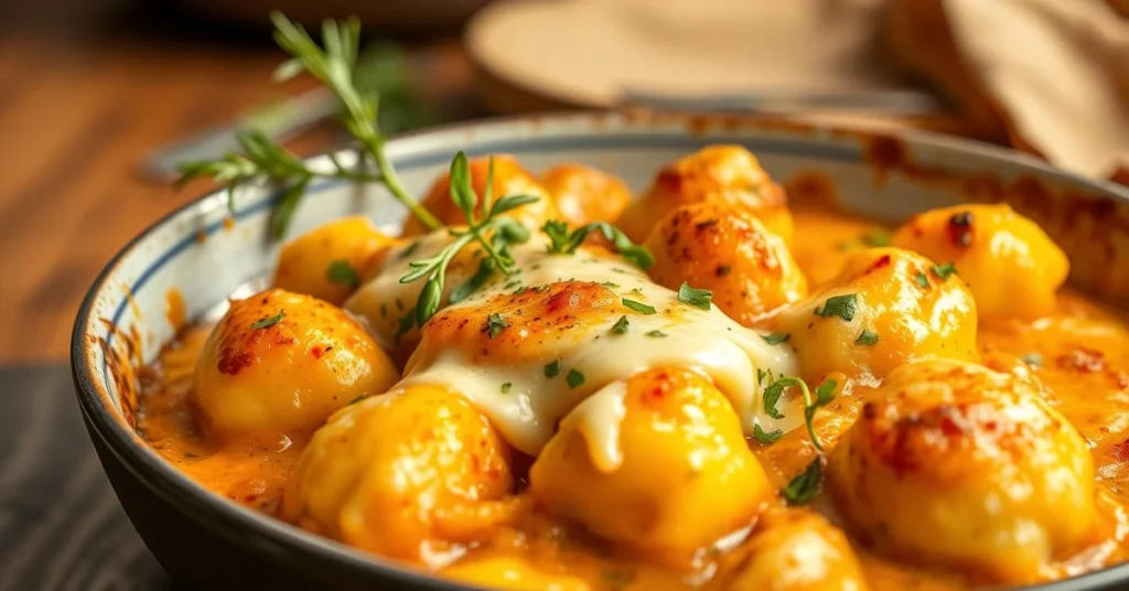 Golden baked gnocchi gratin with melted cheese crust, creamy sauce, fresh herbs, professional food photography, warm lighting