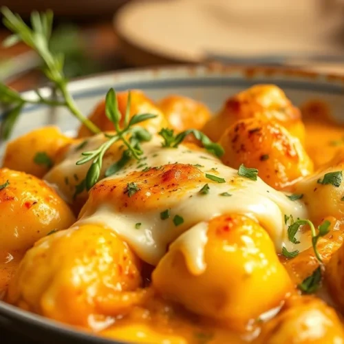 Golden baked gnocchi gratin with melted cheese crust, creamy sauce, fresh herbs, professional food photography, warm lighting