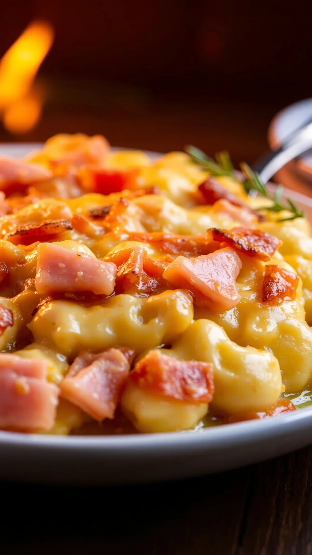 Golden baked gratinated gnocchi with melted cheese and ham, bubbling top, close-up detail, professional food styling, warm ov