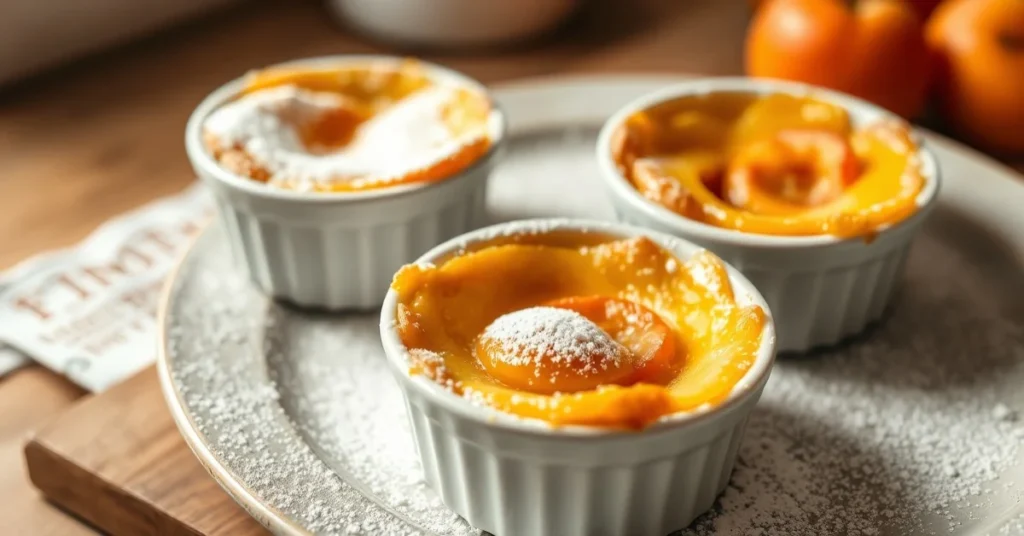 Golden baked individual apricot clafoutis in small ramekins, dusted with powdered sugar, fresh apricot halves visible, rustic