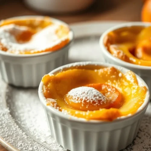 Golden baked individual apricot clafoutis in small ramekins, dusted with powdered sugar, fresh apricot halves visible, rustic