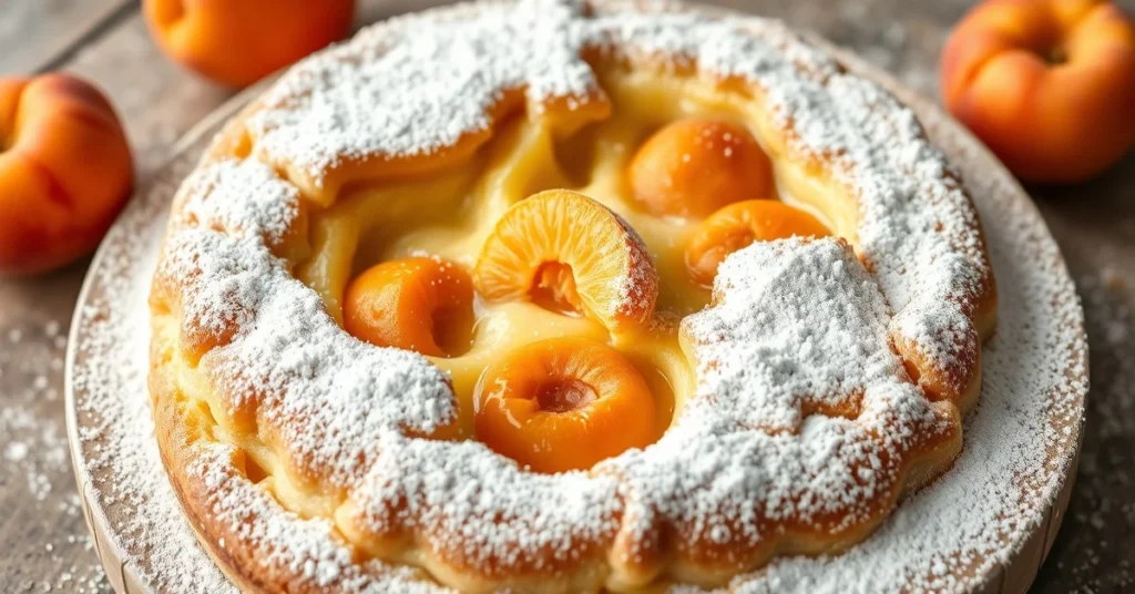 Golden-brown apricot coconut milk clafoutis dusted with powdered sugar, fresh apricots visible, creamy custard texture, appet