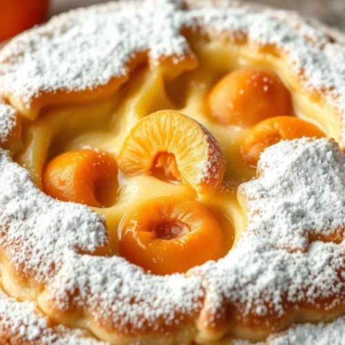 Golden-brown apricot coconut milk clafoutis dusted with powdered sugar, fresh apricots visible, creamy custard texture, appet