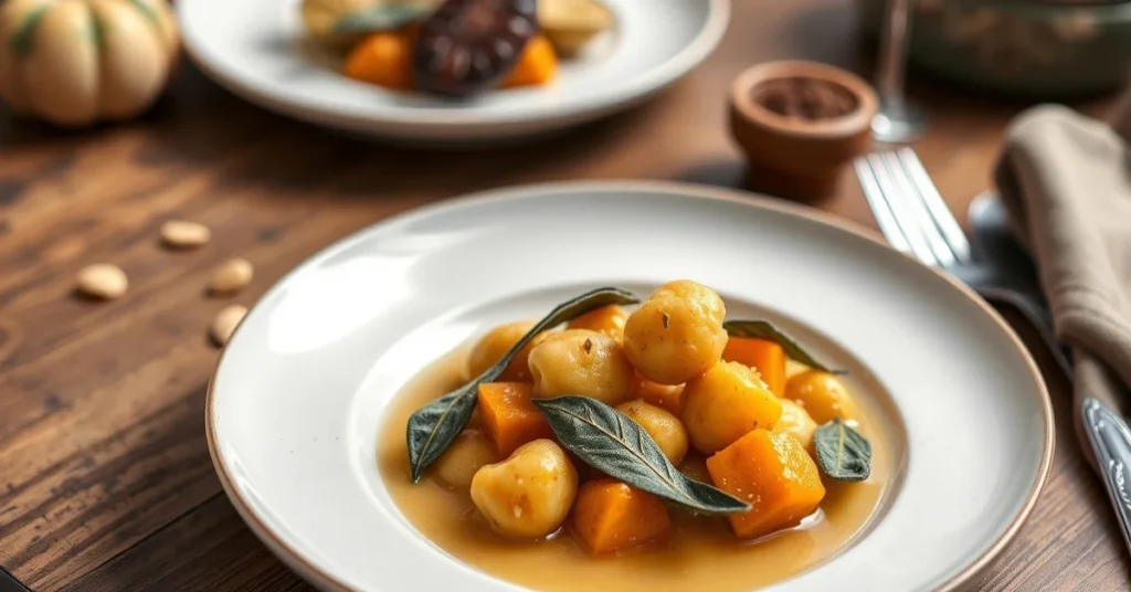Golden butternut squash gnocchi with crispy sage leaves and brown butter, autumn comfort food plate, professional food photog