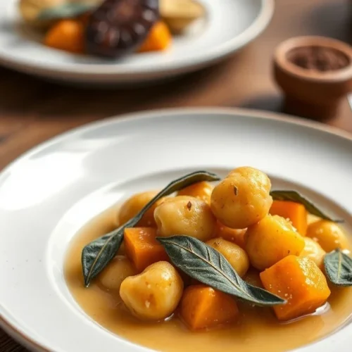 Golden butternut squash gnocchi with crispy sage leaves and brown butter, autumn comfort food plate, professional food photog