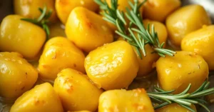 Golden crispy gnocchi pan-fried in butter with fresh rosemary and garlic, golden brown surfaces, appetizing food photography