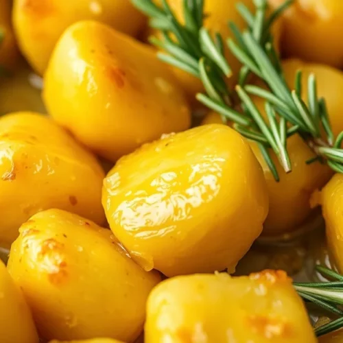 Golden crispy gnocchi pan-fried in butter with fresh rosemary and garlic, golden brown surfaces, appetizing food photography