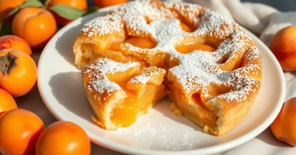 Golden healthy apricot clafoutis dusted with powdered sugar, sliced portion on white plate, fresh apricots surrounding, natur