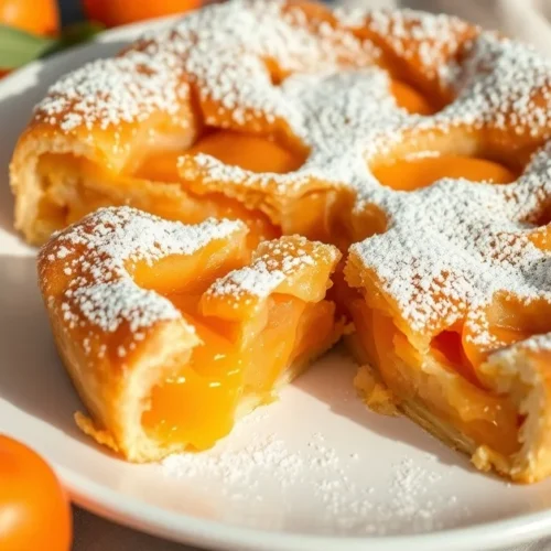 Golden healthy apricot clafoutis dusted with powdered sugar, sliced portion on white plate, fresh apricots surrounding, natur