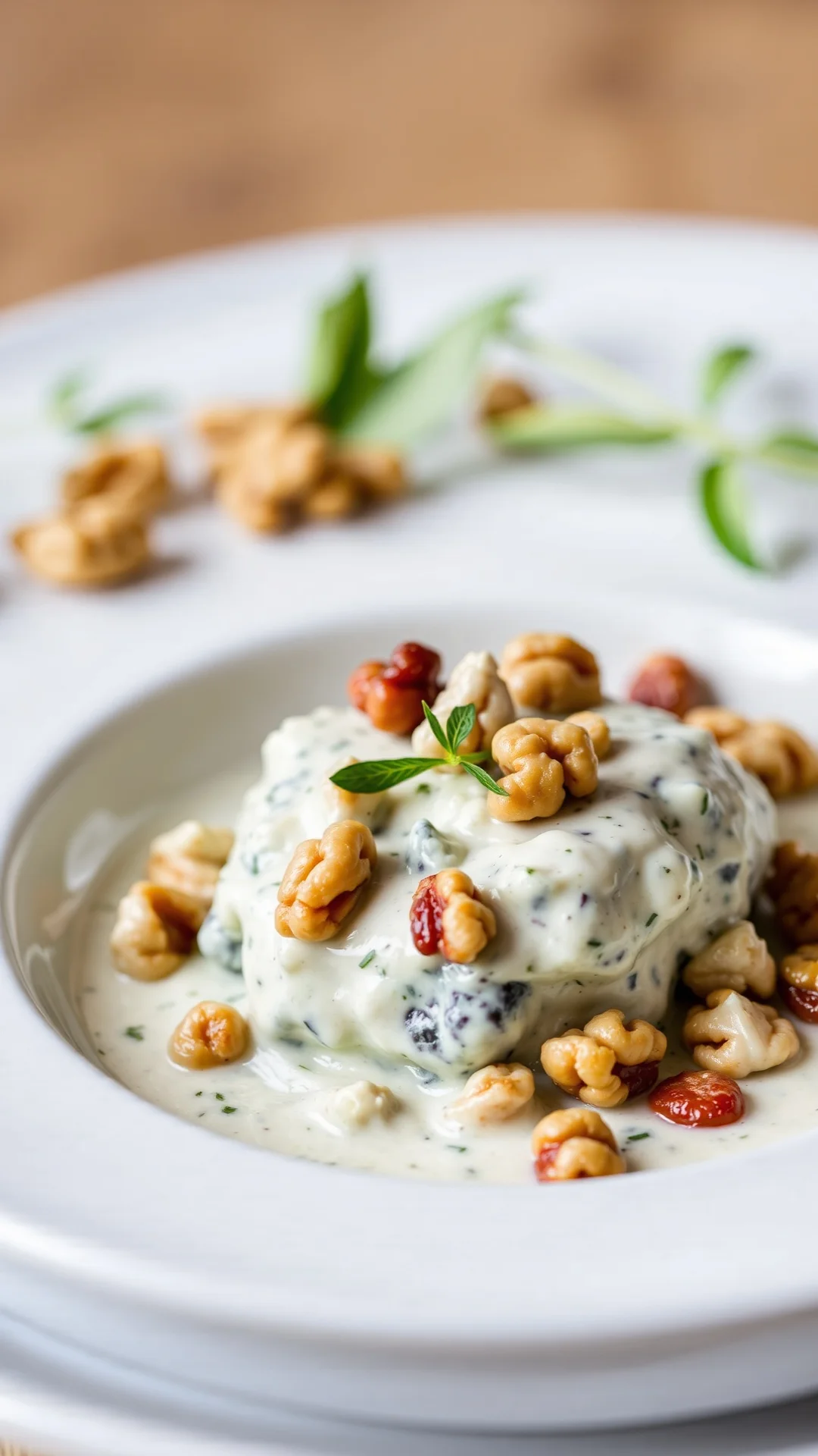 Gorgonzola walnut sauce, creamy blue cheese sauce, chopped walnuts, elegant plating, luxury Italian cuisine closeup