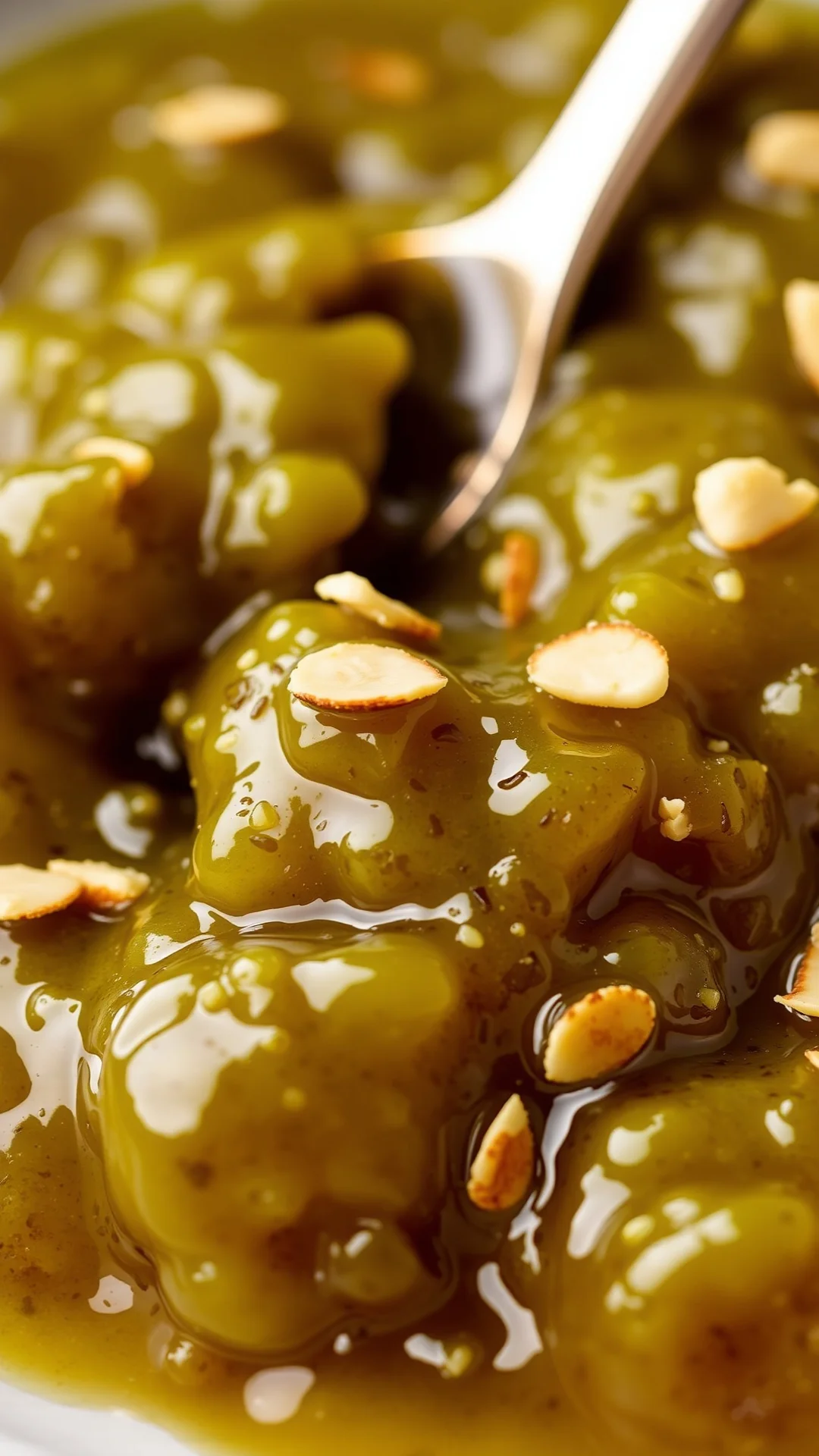 Green fig jam with sliced almonds, creamy texture, garnished with almond flakes, soft diffused light, gourmet dessert present