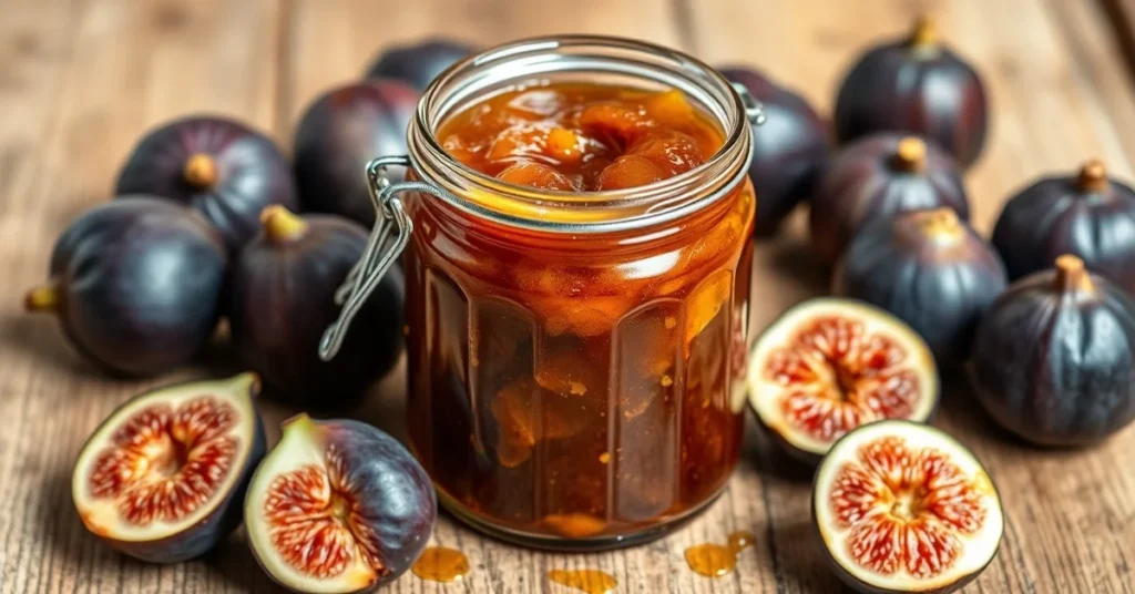 Homemade fig jam in glass jar with fresh figs scattered around, golden jam texture visible, rustic wooden table background, n