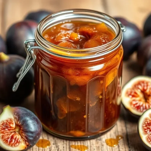 Homemade fig jam in glass jar with fresh figs scattered around, golden jam texture visible, rustic wooden table background, n