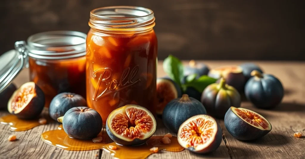 Homemade fig jam in glass jars with fresh figs scattered around, warm golden syrup, rustic wooden table, natural light, profe