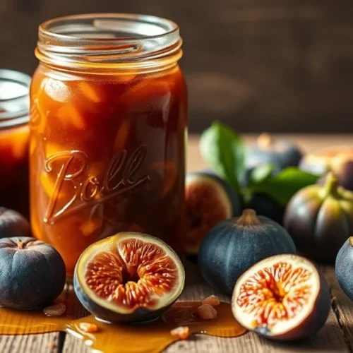 Homemade fig jam in glass jars with fresh figs scattered around, warm golden syrup, rustic wooden table, natural light, profe