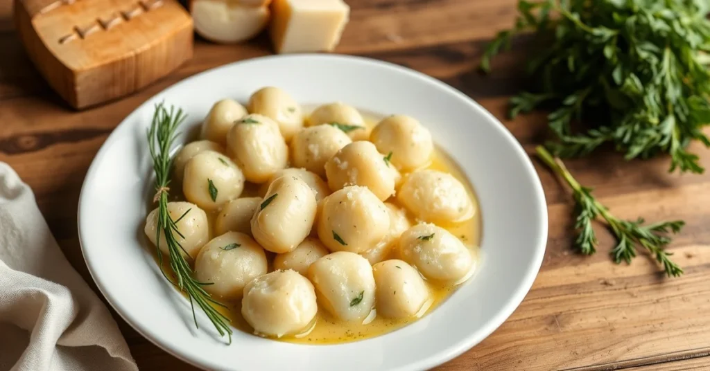 Homemade gnocchi on white plate with sage butter sauce, fresh herbs, parmesan cheese, professional food photography, warm lig