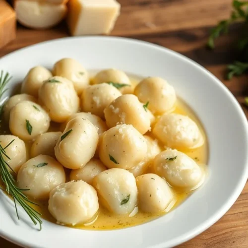 Homemade gnocchi on white plate with sage butter sauce, fresh herbs, parmesan cheese, professional food photography, warm lig
