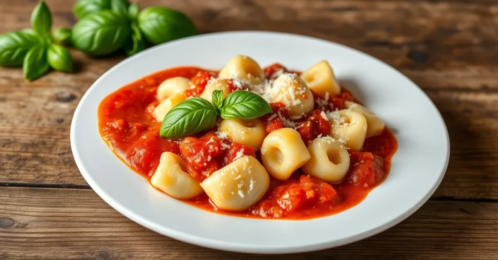 Homemade Italian gnocchi served on white ceramic plate with fresh basil tomato sauce and parmesan cheese, rustic wooden table