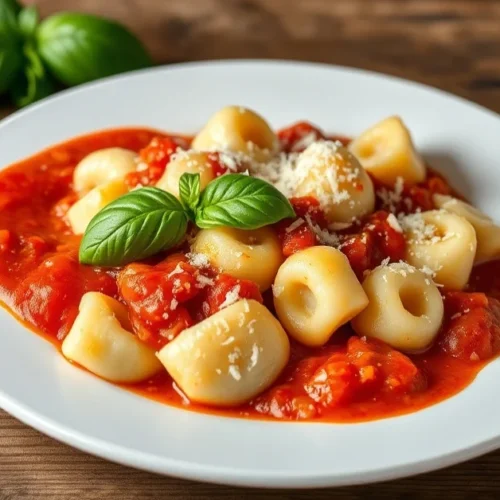 Homemade Italian gnocchi served on white ceramic plate with fresh basil tomato sauce and parmesan cheese, rustic wooden table