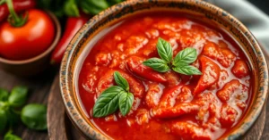 Homemade spicy tomato sauce in a rustic ceramic bowl, garnished with fresh basil leaves and red chili peppers, olive oil driz
