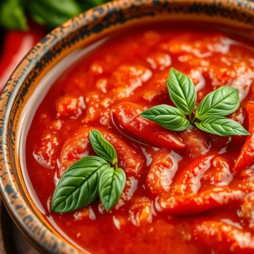 Homemade spicy tomato sauce in a rustic ceramic bowl, garnished with fresh basil leaves and red chili peppers, olive oil driz