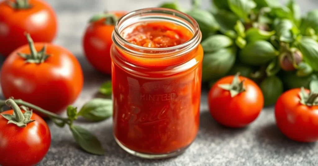 Homemade tomato sauce for baby in glass jar, vibrant red color, fresh tomatoes and basil nearby, soft natural lighting, healt