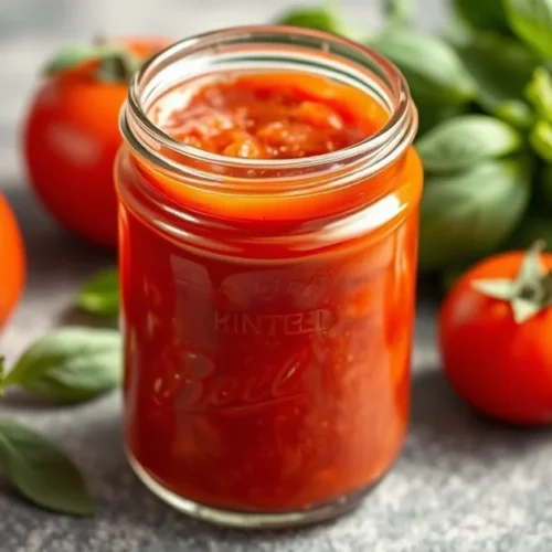 Homemade tomato sauce for baby in glass jar, vibrant red color, fresh tomatoes and basil nearby, soft natural lighting, healt