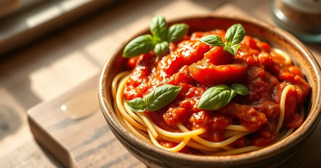 Homemade tomato sauce for pasta in a ceramic bowl, garnished with fresh basil, olive oil drizzle, warm sunlight, rustic Itali