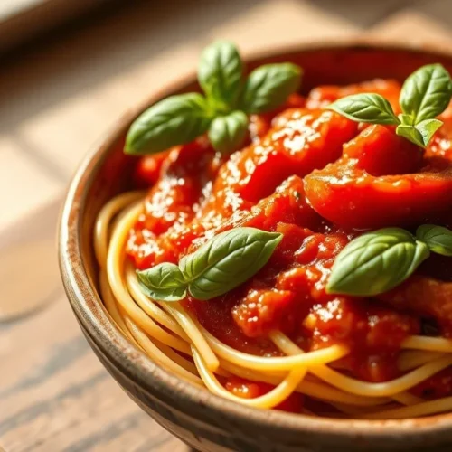 Homemade tomato sauce for pasta in a ceramic bowl, garnished with fresh basil, olive oil drizzle, warm sunlight, rustic Itali