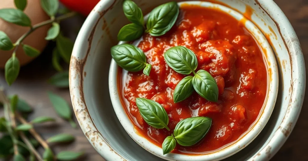 Homemade tomato sauce in a rustic white bowl with fresh basil leaves, aromatic herbs, olive oil drizzle, warm soft lighting,