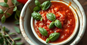 Homemade tomato sauce in a rustic white bowl with fresh basil leaves, aromatic herbs, olive oil drizzle, warm soft lighting,