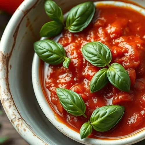 Homemade tomato sauce in a rustic white bowl with fresh basil leaves, aromatic herbs, olive oil drizzle, warm soft lighting,